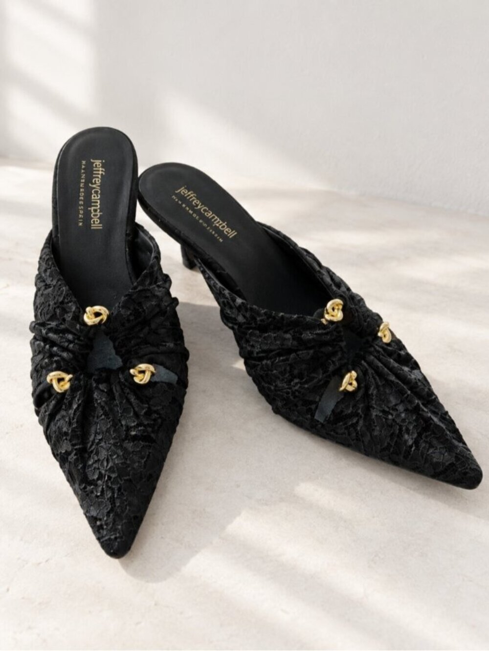 Jeffrey Campbell Anthropologie Black Velvet Pointed Toe Mules Gold Knot 0880